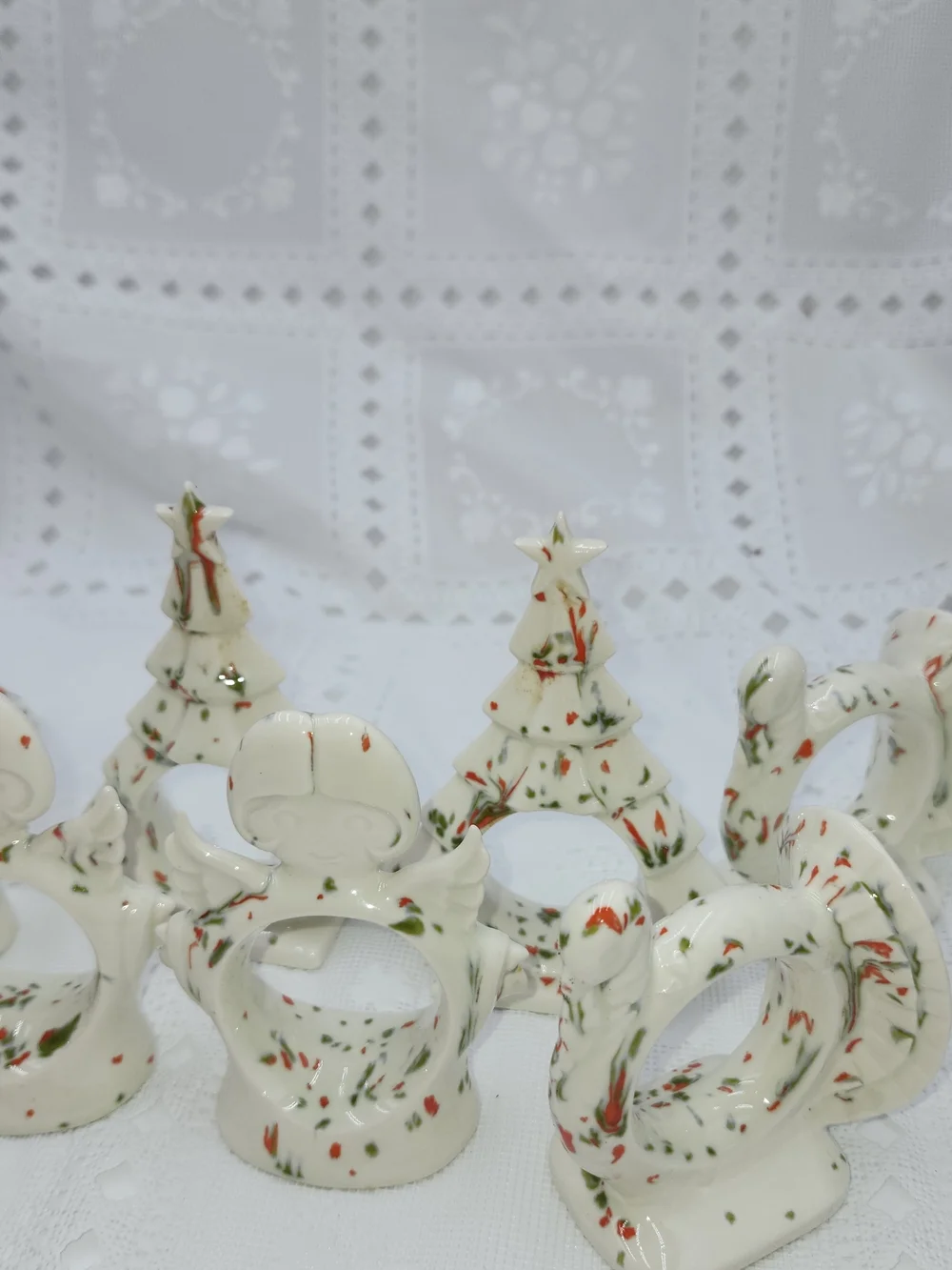 Vintage Christmas Holiday Angel Santa hand painted napkin rings table Drip Glaze